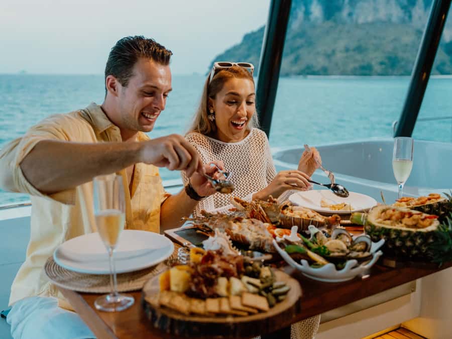 Krabi: 4 Island Premium Yacht with Snorkeling & Clear Kayak - Sunset dinner, snacks, and the air-conditioned cabin